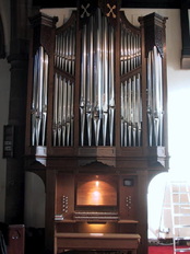 The pipe organ in St Peter's, Chorley, built and maintained by Wood Organ Builders,