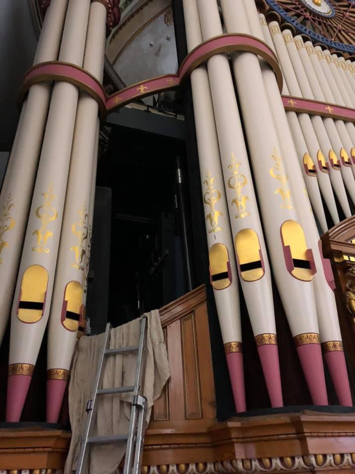 The organ of Huddersfield Town Hall during repairs by our team.