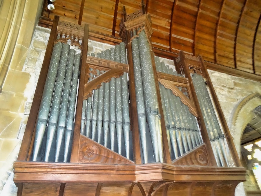 Mottled staining on the display pipes on the organ in Stillingfleet church